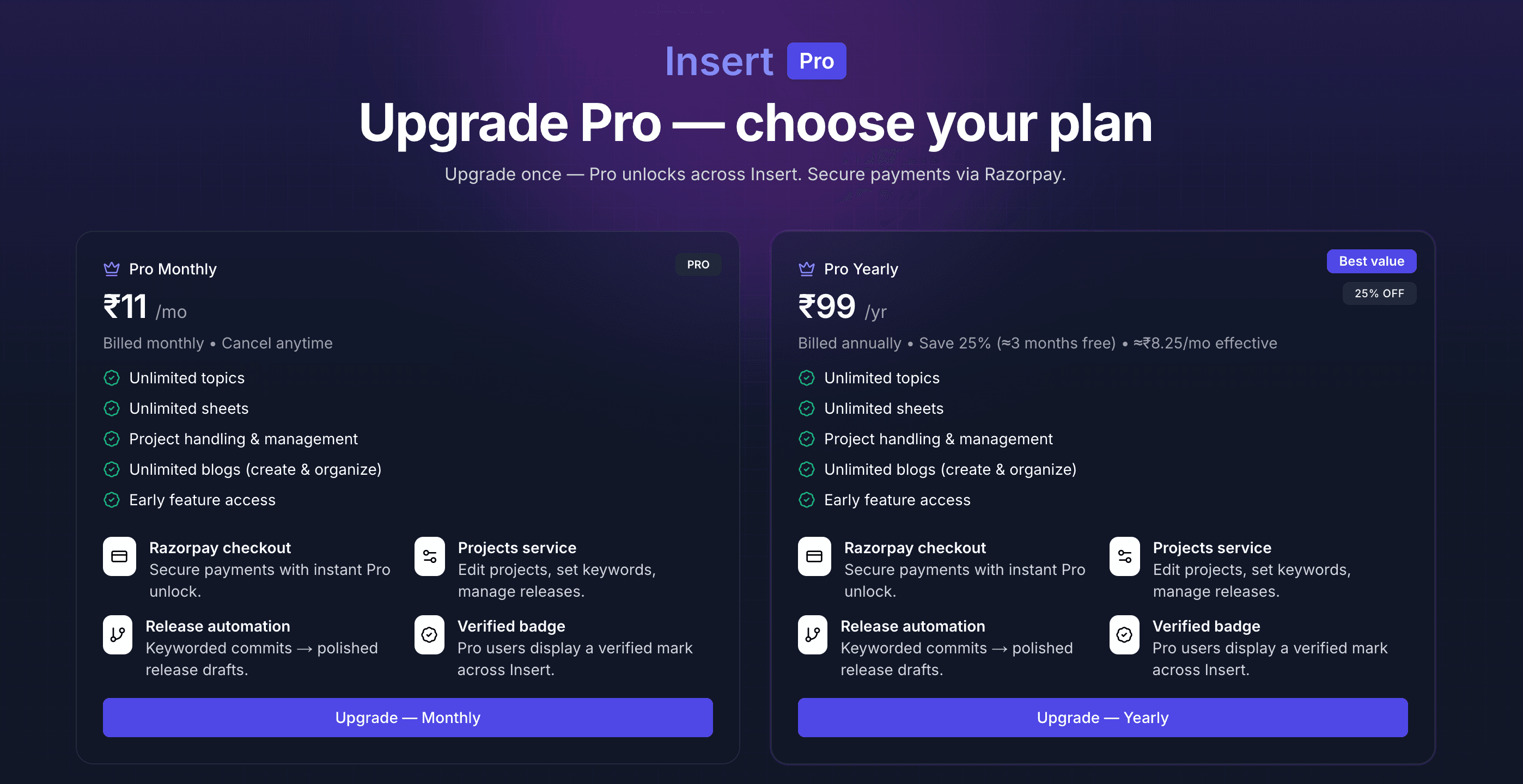 Insert Pro pricing matrix representation